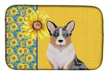 Load image into Gallery viewer, Summer Sunflowers Blue Merle Cardigan Corgi Dish Drying Mat – Absorbent, Artistic Kitchen Essentials