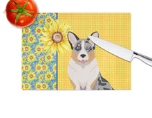 Load image into Gallery viewer, Summer Sunflowers Blue Merle Cardigan Corgi Glass Cutting Boards – Durable, Decorative Kitchen Art Large