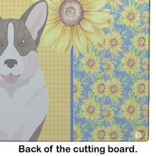 Load image into Gallery viewer, Summer Sunflowers Brindle Cardigan Corgi Glass Cutting Boards – Durable, Decorative Kitchen Art Large