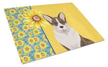 Load image into Gallery viewer, Summer Sunflowers Brindle Cardigan Corgi Glass Cutting Boards – Durable, Decorative Kitchen Art Large