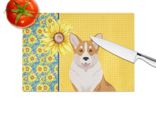 Load image into Gallery viewer, Summer Sunflowers Red Cardigan Corgi Glass Cutting Boards – Durable, Decorative Kitchen Art Large