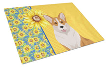 Load image into Gallery viewer, Summer Sunflowers Red Cardigan Corgi Glass Cutting Boards – Durable, Decorative Kitchen Art Large