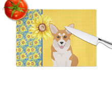 Load image into Gallery viewer, Summer Sunflowers Red Pembroke Corgi Glass Cutting Boards – Durable, Decorative Kitchen Art Large