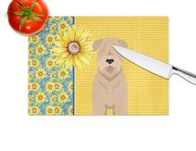 Load image into Gallery viewer, Summer Sunflowers Red Wheaten Terrier Glass Cutting Boards – Durable, Decorative Kitchen Art Large