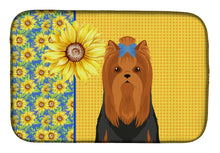 Load image into Gallery viewer, Summer Sunflowers Black and Tan Full Coat Yorkshire Terrier Dish Drying Mat – Absorbent, Artistic Kitchen Essentials