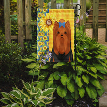 Load image into Gallery viewer, Summer Sunflowers Black and Tan Full Coat Yorkshire Terrier Garden Flag – Decorative Outdoor Yard Flag