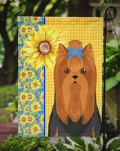 Load image into Gallery viewer, Summer Sunflowers Black and Tan Full Coat Yorkshire Terrier Garden Flag – Decorative Outdoor Yard Flag