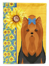 Load image into Gallery viewer, Summer Sunflowers Black and Tan Full Coat Yorkshire Terrier Garden Flag – Decorative Outdoor Yard Flag