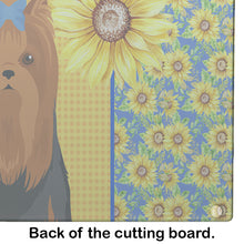 Load image into Gallery viewer, Summer Sunflowers Black and Tan Full Coat Yorkshire Terrier Glass Cutting Boards – Durable, Decorative Kitchen Art Large