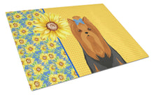 Load image into Gallery viewer, Summer Sunflowers Black and Tan Full Coat Yorkshire Terrier Glass Cutting Boards – Durable, Decorative Kitchen Art Large