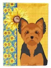 Load image into Gallery viewer, Summer Sunflowers Black and Tan Puppy Cut Yorkshire Terrier Garden Flag – Decorative Outdoor Yard Flag