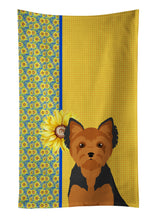 Load image into Gallery viewer, Summer Sunflowers Black and Tan Puppy Cut Yorkshire Terrier Kitchen Towel