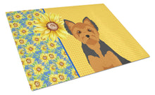 Load image into Gallery viewer, Summer Sunflowers Black and Tan Puppy Cut Yorkshire Terrier Glass Cutting Boards – Durable, Decorative Kitchen Art Large