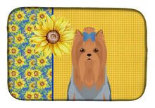 Load image into Gallery viewer, Summer Sunflowers Blue and Tan Full Coat Yorkshire Terrier Dish Drying Mat – Absorbent, Artistic Kitchen Essentials