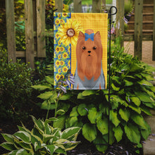 Load image into Gallery viewer, Summer Sunflowers Blue and Tan Full Coat Yorkshire Terrier Garden Flag – Decorative Outdoor Yard Flag