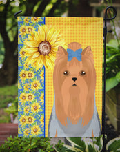 Load image into Gallery viewer, Summer Sunflowers Blue and Tan Full Coat Yorkshire Terrier Garden Flag – Decorative Outdoor Yard Flag