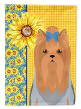 Load image into Gallery viewer, Summer Sunflowers Blue and Tan Full Coat Yorkshire Terrier Garden Flag – Decorative Outdoor Yard Flag