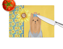 Load image into Gallery viewer, Summer Sunflowers Blue and Tan Full Coat Yorkshire Terrier Glass Cutting Boards – Durable, Decorative Kitchen Art Large