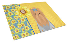 Load image into Gallery viewer, Summer Sunflowers Blue and Tan Full Coat Yorkshire Terrier Glass Cutting Boards – Durable, Decorative Kitchen Art Large