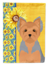 Load image into Gallery viewer, Summer Sunflowers Blue and Tan Puppy Cut Yorkshire Terrier Garden Flag – Decorative Outdoor Yard Flag
