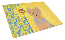 Load image into Gallery viewer, Summer Sunflowers Blue and Tan Puppy Cut Yorkshire Terrier Glass Cutting Boards – Durable, Decorative Kitchen Art Large