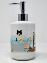 Load image into Gallery viewer, Black White Border Collie in Bathtub Ceramic Soap Dispenser