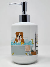 Load image into Gallery viewer, Red White English Bulldog in Bathtub Ceramic Soap Dispenser
