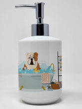 Load image into Gallery viewer, Fawn White English Bulldog in Bathtub Ceramic Soap Dispenser