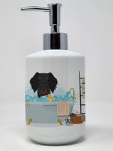 Load image into Gallery viewer, Black Tan Wire Haired Dachshund in Bathtub Ceramic Soap Dispenser