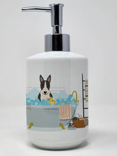 Load image into Gallery viewer, Black White Bull Terrier in Bathtub Ceramic Soap Dispenser
