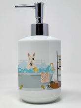Load image into Gallery viewer, White Bull Terrier in Bathtub Ceramic Soap Dispenser
