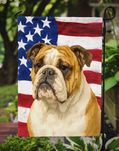 Load image into Gallery viewer, Brindle and White English Bulldog American Flag Garden Flag