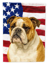 Load image into Gallery viewer, Brindle and White English Bulldog American Flag Garden Flag