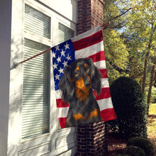Load image into Gallery viewer, Longhaired Black and Tan Dachshund American Flag House Flag