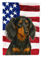 Load image into Gallery viewer, Longhaired Black and Tan Dachshund American Flag House Flag