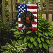 Load image into Gallery viewer, Longhaired Black and Tan Dachshund American Flag Garden Flag
