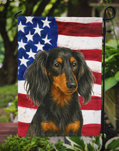 Load image into Gallery viewer, Longhaired Black and Tan Dachshund American Flag Garden Flag