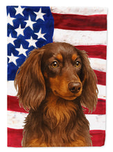 Load image into Gallery viewer, Longhaired Chocolate and Tan Dachshund American Flag Garden Flag