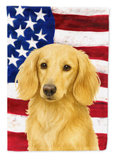 Load image into Gallery viewer, Longhaired Cream Dachshund American Flag House Flag
