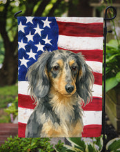 Load image into Gallery viewer, Longhaired Dapple Dachshund American Flag Garden Flag
