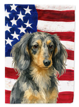 Load image into Gallery viewer, Longhaired Dapple Dachshund American Flag Garden Flag