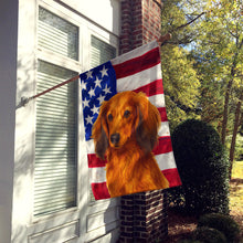 Load image into Gallery viewer, Longhaired Red Dachshund American Flag House Flag
