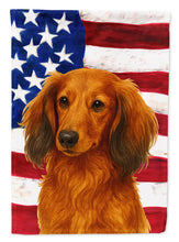 Load image into Gallery viewer, Longhaired Red Dachshund American Flag House Flag
