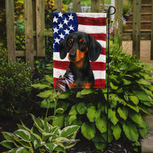 Load image into Gallery viewer, Black and Tan Dachshund American Flag Garden Flag