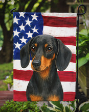 Load image into Gallery viewer, Black and Tan Dachshund American Flag Garden Flag