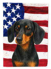 Load image into Gallery viewer, Black and Tan Dachshund American Flag Garden Flag