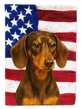 Load image into Gallery viewer, Chocolate and Tan Dachshund American Flag Garden Flag