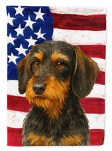 Load image into Gallery viewer, Wirehaired Black and Tan Dachshund American Flag House Flag