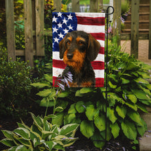 Load image into Gallery viewer, Wirehaired Black and Tan Dachshund American Flag Garden Flag