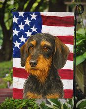 Load image into Gallery viewer, Wirehaired Black and Tan Dachshund American Flag Garden Flag